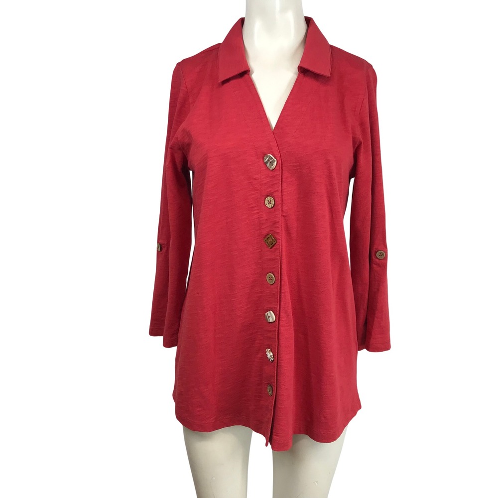 Soft Surroundings Red Cotton Slub Knit Button Front Roll Tab Tunic Top Small